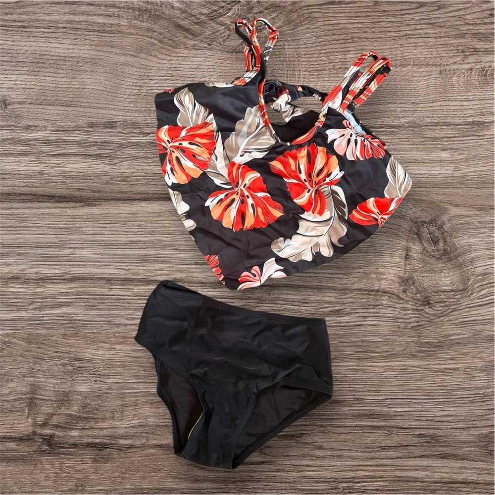 Floral Black and Red Swimsuit Set